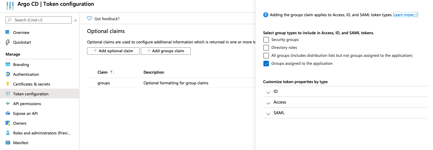 Azure AD token configuration